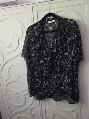 Sheer Black & Gray Animal Print Ruffle Blouse